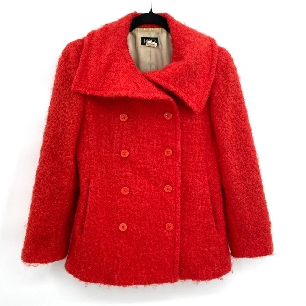 J. CREW *FLAWED* Red Tweed Mohair Wool Blend Double Breasted Blazer Jacket Sz 0